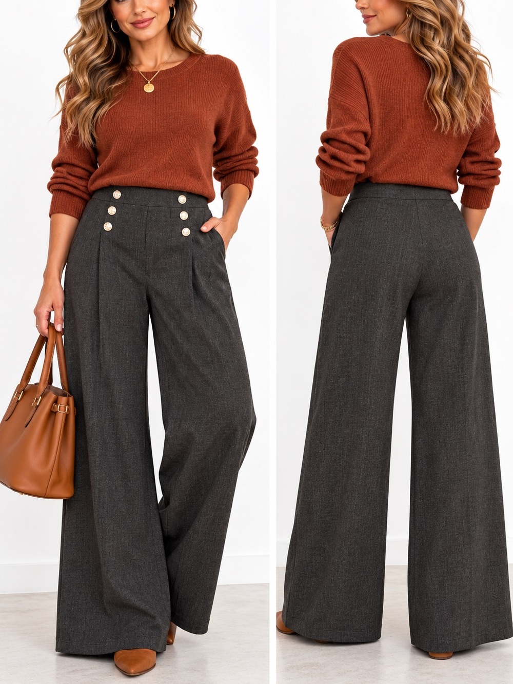208.NWT Wide-Leg High-Waist Button Front Pants in Charcoal
